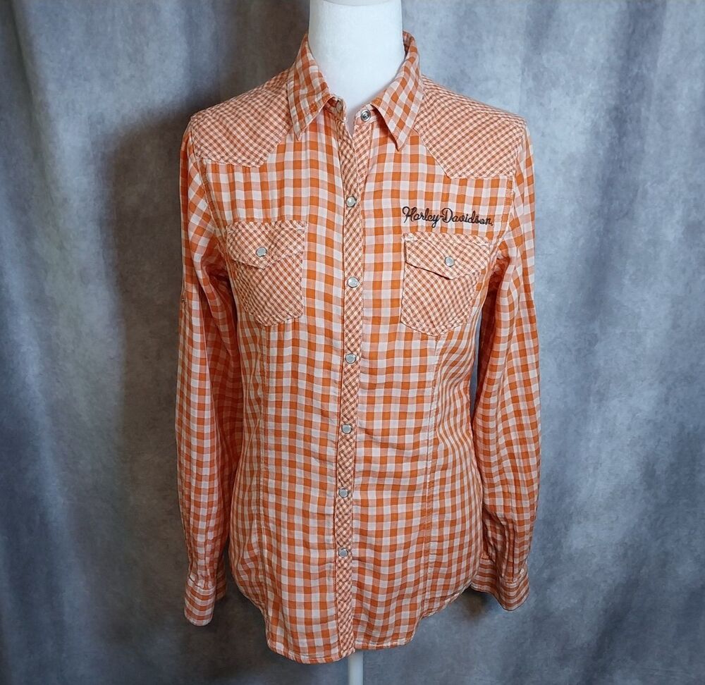 Harley Davidson Women's Orange White Gingham Plaid Pearl Snap Western Shirt Med